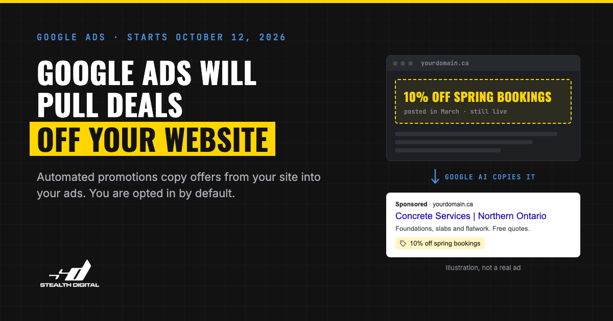 A stale spring discount banner on a contractor website being copied into a Google search ad