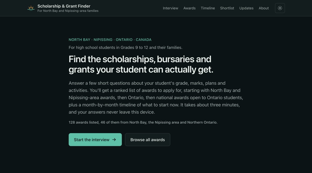 North Bay Scholarships home page, inviting families to start a short interview or browse all awards